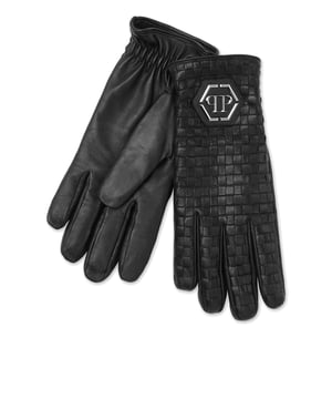 Details machen den Unterschied. Entdecken Sie die Weichheit dieser Lederhandschuhe mit dem unverwechselbaren Plein-Touch.   Weichstes gewebtes Nappa   PP-Sechseck auf einem Aufnäher aus Saffianleder   Einsatz mit Gummiband am Handgelenk genäht   Futter aus reinem Kaschmir