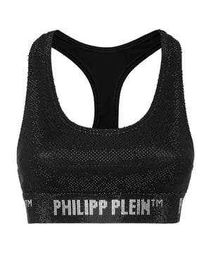 Verfraaid  Geef sexy glamoureuze sferen een sportief tintje met deze top van jersey met strassteentjes. Bekijk de details.   Bejeweled stretch modal katoenen jersey rower crop top   Rhinestone Brand Lettering op de elastische onderboord
