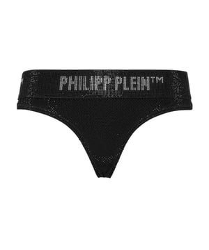 Actualice su selección de ropa interior con este tanga de punto elástico con el inconfundible toque Plein.   Licra elástica enjoyada.   Cintura elástica con la marca enjoyada   Costura a dos agujas