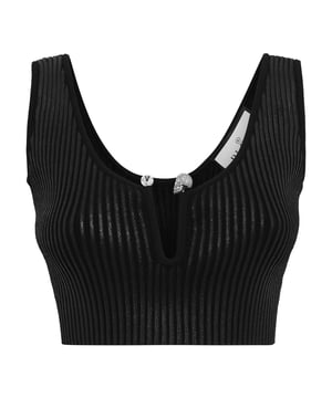 Upgrade your elegance for special times and choose this rib knit sleeveless top. Check out the details.   Rib knit stretch blend cotton and all over coated   Neckline embellished with a jewel accessory   Fit: Cropped