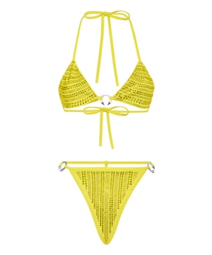 Verfraaid  Ontdek de glamourstijl met deze bikini van lycra versierd met kristallen applicaties.   Bijpassend gekleurd lycra bezet met strass   Driehoekig topje met strikbandjes   Ring met juwelenpiercing in de nek   Strikstring met juwelenpiercing   Stiksels met twee naalden