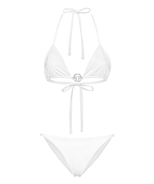 Descubra el Glam con este bikini de lycra en color liso.   Licra   Top triangular con tirantes   Joya PP Hexágono en el escote.   Atar la parte inferior  Costura con dos agujas