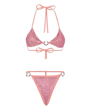con cristales  Descubra el estilo glam con este bikini de lycra decorado con apliques de cristal.   Licra de color a juego con incrustaciones de strass.    Parte superior de triángulo con tirantes para anudar   Anillo con piercing joya en el escote   Tanga de corbata con anillos de piercing joya   Costura a dos agujas
