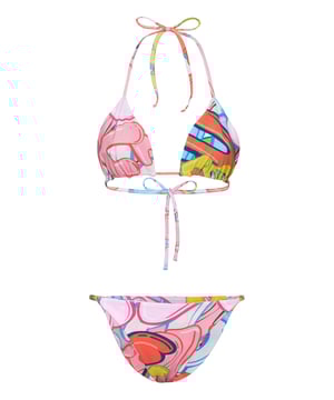 Descubra el estilo Bombing Graffiti con este bikini de lycra con estampado temático.   Licra con estampado Bombing Graffiti   Top triangular con tirantes   Atar la parte inferior   Costura con dos agujas