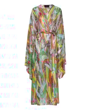 Déjese conquistar por este look Diva: lo hemos diseñado para dar color a su verano. Descubra cómo llevar la nueva versión de un caftán envolvente.   Punto de viscosa de lúrex con estampado de parches multicolor.   Parte delantera anudada   Mangas anchas tipo kimono   Pespunte a dos agujas