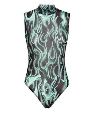 Discover the pleasure of being unique with the all over printed stretch tulle sleeveless bodysuit.   Stretch tulle jersey    Flame-print    Two needle stitching   Figure fitting   Press studs