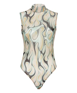 Discover the pleasure of being unique with the all over printed stretch tulle sleeveless bodysuit.   Stretch tulle jersey    Flame-print    Two needle stitching   Figure fitting   Press studs