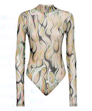 Originality and a sexy touch with this long-sleeve stretch tulle bodysuit printed all-over.   Tattoo print stretch tulle jersey   Thumbhole on both sleeves   Mock neck   Two needle stitching   Press studs