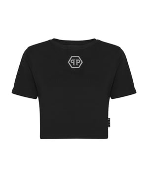 con cristales  Un detalle de diseño. Vea cómo se transforma esta camiseta cropped de algodón interlock. Y hay más.   Interlock de algodón   Logotipo de la marca enjoyado estampado en la parte delantera   Escote de punto elástico   Pespunte a dos agujas