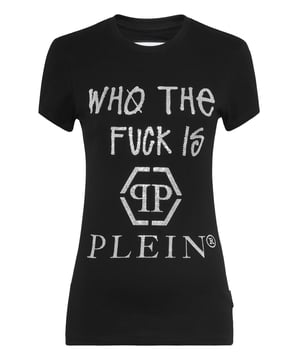 Innovation and luxury are the key elements of this T-shirt. Look at the details.   Cotton jersey   Bejeweled prints   PP Hexagon on a saffian leather patch sewn on the yoke   Rib knit neckline   Two needle stitching