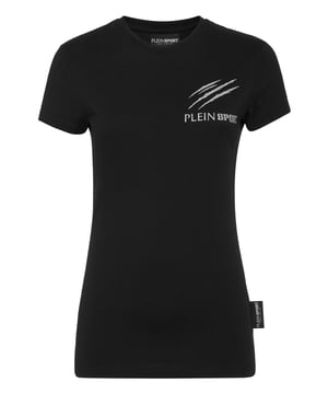Plein Sport te da la oportunidad de destacar también mientras entrenas duro.    Máxima comodidad gracias a la flexibilidad natural del jersey de algodón elástico   Estampado de letras con purpurina en el pecho izquierdo   Parche de tigre engomado cosido en el canesú   Escote de punto elástico   Dobladillos cosidos a dos agujas.