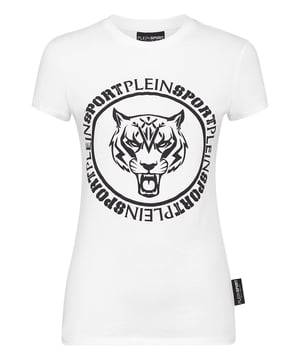 Plein Sport gives you the chance to stand out also while training hard. Check out this new T-shirt featuring the iconic Tiger.   Maximum comfort thanks to the natural flexibility of cotton jersey   The iconic Tiger print on the front   Rib knit neckline   Two-needle stitching hems