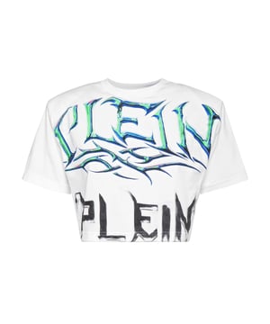 Añade una pizca de singularidad a tus conjuntos con esta camiseta crop de algodón. Fíjese en los detalles.   Punto de algodón   Los estampados de The Brand decoran la parte delantera y trasera   Acolchado en los hombros   Hexágono de PP en un parche de cuero saffiano cosido en el canesú   Escote de punto elástico   Costura a dos agujas    Ajuste: Cropped