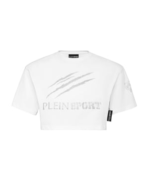 Plein Sport te da la oportunidad de destacar también mientras entrenas duro. Echa un vistazo a esta nueva camiseta crop con inserciones estampadas.   Máxima comodidad gracias a la flexibilidad natural del jersey de algodón elástico   Letras y estampado de purpurina Tiger Scratch en la parte delantera   Escote de punto elástico   Dobladillo inferior de corte crudo.