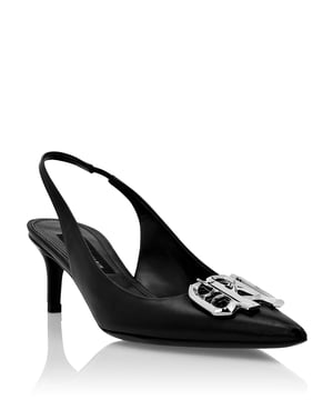 Elegancia sobria y detalles totalmente Plein son las características clave de estos sling back. Mire los detalles.   Parte superior de napa   Monograma joya en la puntera   Correa con elástico   Suela de cuero genuino   Forro interior, plantilla del mismo color.   Tacón forrado de 5 cm.