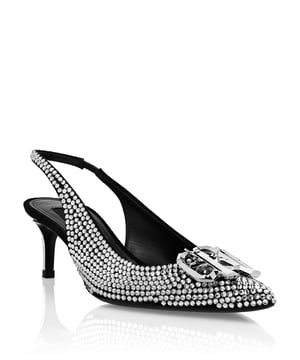 Verfraaid  Sober elegance and fully Plein details are the key features of these sling back. Check out the details.   Bejewelled suede upper   Jewel Monogram on toe cap   Strap with elastic   Genuine leather sole   Inner lining, matching colored footbed   5 cm galvanic heel