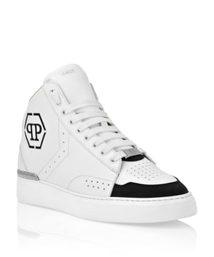 Hi-top leather sneakers.   Upper made of nappa and nubuk    Perforated details   Padded collar   Logoed patch sewn on the outer quarter   Nickel-plated metal heel stabilizer   Ultra lightweight rubber shimmed midsole    Contoured outsole for optimal grip   Leather inner lining with removable insole