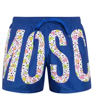 Shorts de baño azules Moschino, cinturilla elástica, cordones, logotipo estampado en toda la superficie, 100% poliéster, hecho en Italia, logotipo grande de la marca en todo el contorno, logotipo de la marca, ropa de baño azul
