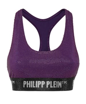 Verfraaid  Geef sexy glamoureuze sferen een sportief tintje met deze top van jersey met strassteentjes. Bekijk de details.   Bejeweled stretch modal katoenen jersey rower crop top   Rhinestone Brand Lettering op de elastische onderboord