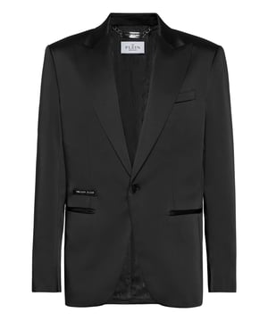 Add a spark to your wardrobe. Check out this satin evening blazer.   Satin fabric   Peak lapel   Satin-lined single button   Two slit pockets   Single vent   Inner lining
