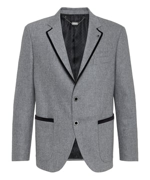 Elegante y con clase, esta chaqueta de lana elástica con dos botones presenta una solapa de muesca estándar. La solapa y los dos bolsillos de parche están rematados en terciopelo en contraste. Coderas de terciopelo acolchado. Botones de metal con centro esmaltado. Dos aberturas en la parte posterior. Forro interior.