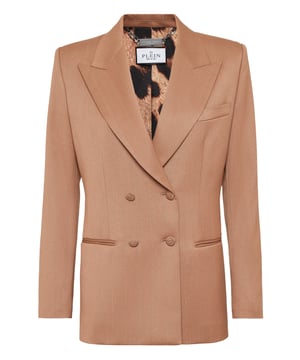 This wool blend blazer is a tale of refined elegance. See the care for details.    Stretch rayon blend gabardine   Lurex pinstriped   Double-breasted with lined, embroidered buttons   Peak lapel   Slit pockets   Inner lining    Fit: Figure fitting