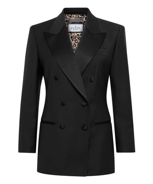 This light wool double brest blazer is a tale of refined elegance. See the care for details.    Light wool   Shiny satin peak lapels   Double breasted with lined buttons with embroidered Logo   Two slit pockets    Back slit    Inner lining   Fit Loose