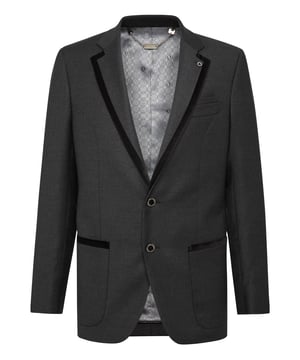 Elegante y con clase, esta chaqueta de lana elástica con dos botones presenta una solapa de muesca estándar. La solapa y los dos bolsillos de parche están rematados en terciopelo en contraste. Coderas de terciopelo acolchado. Botones de metal con centro esmaltado. Dos aberturas en la parte posterior. Forro interior.
