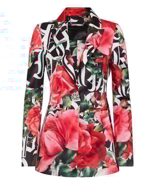 Descubra el ambiente de Dark Romance con este blazer de botonadura doble. Note el cuidado por detalles.    Raso duquesa de poliéster con estampado floral   Botonadura doble con broches grandes de pedrería   Dos bolsillos abiertos    Botones tipo joya de metal en los puños   Forro de tejido moteado   Corte holgado
