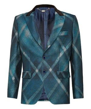 Chaqueta de noche con dos botones y patrón de tartán en jacquard con efecto degradado. Solapa de pico y cuello de terciopelo. Botones de metal con centro esmaltado. Dos bolsillos con solapa. Dos aberturas en la parte posterior. Forro interior.