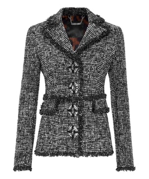 ¿Estilo chic y rockero? Aquí está la chaqueta para usted. Hemos reimaginado el tweed de acuerdo con el estilo de Plein. Eche un vistazo a los detalles.   Tweed de mezcla de poliéster   De botonadura simple con grandes broches de pedrería   Dos bolsillos con solapa   Dobladillos con flecos   Forro de tejido moteado   Corte de figura