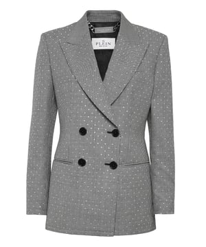 Este blazer de lana es una historia de refinada elegancia. Consulte los cuidados para más detalles.   Mezcla elástica de viscosa   Estampado Pied de poule   Aplicación de pedrería   Doble presilla   Solapa de pico   Dos bolsillos con aberturas   Forro interior   Ajuste: Gold