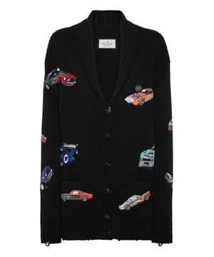 Innovation and creativity are the roots of the style of Plein. Discover the features of this cotton knit cardigan.   5-gauge knit cotton   Embroidered patches sewn all over   Shawl collar    Logoed patch   Buttons fastening    Two patch pockets   Rib knit, raw cut hems