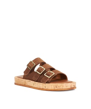 This contemporary 3 strap sandal has been crafted from a crackled patent leather with a cushioned insole and anti-slip rubber heel. The light weight cork wrapped sole adds to the all-day-comfort factor. Wear them throughout summer with occasion and off-duty looks.