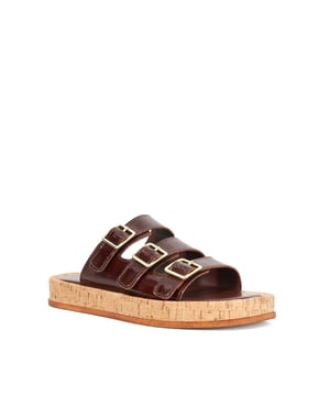 This contemporary 3 strap sandal has been crafted from a crackled patent leather with a cushioned insole and anti-slip rubber heel. The light weight cork wrapped sole adds to the all-day-comfort factor. Wear them throughout summer with occasion and off-duty looks.