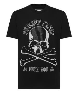 Add a dash of uniqueness to your outfits with this exclusive cotton T-shirt. Look at the details.   Cotton jersey   Bejewelled Skull & Bones prints on the front   PP Hexagon on a saffian leather patch is sewn on the yoke   Rib knit neckline   Two needle stitching
