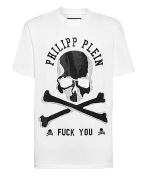 Add a dash of uniqueness to your outfits with this exclusive cotton T-shirt. Look at the details.   Cotton jersey   Bejewelled Skull & Bones prints on the front   PP Hexagon on a saffian leather patch is sewn on the yoke   Rib knit neckline   Two needle stitching