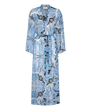 Verstärken Sie Ihre Eleganz für Ihre besonderen Anlässe mit diesem von der Folklore inspirierten Kaftan. Sehen Sie sich die Details an.  Mehrfarbiger Seidenchiffon mit Zirkusmusterdruck  Knöpfe  Bindegürtel