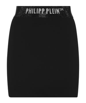 Celebrate your sensuality with this jersey miniskirt enriched by a precious detail.   Ribbed stretch polyester jersey   Rhinestone Brand on waistband   Two needle stitching