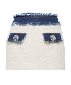 ¿Estilo Chic & Rock? Esta minifalda es solo para ti. Hemos reinventado el tweed según el estilo de Plein. Mire los detalles.   Tweed de mezcla de poliéster con detalles de mezclilla.   Broches grandes de diamantes de imitación   Dos bolsillos falsos   dobladillos con flecos   Cremallera al costado   Forro interior   Ajuste de figura
