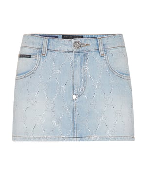 De Philipp Plein Denim Minirok Strass Monogram is de ultieme combinatie van rebelse charme en glamoureuze details.    Vervaardigd van 100% katoenen denim dat zacht aanvoelt en een gestructureerde vorm heeft   Versierd met kenmerkende strass-monogramaccenten die glans en luxe textuur toevoegen   Klassieke vijf zakken en knoopsluiting aan de voorkant   Volledig gevoerd voor comfort met een polyester-katoenmix voering   Verrijkt met glasvezel inzetstukken en een polyester omhulsel voor extra visueel en structureel belang   Combineer het met een cropped tee of oversized blazer voor een onbevreesd fashion statement