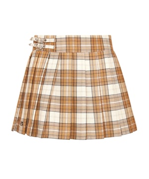Chic & Elegant style? This skirt is just for you. We reimagined the miniskirt according to the style of Plein. See the details.   Checkered cotton   Flat pleats   Two straps with D-ring buckles   Invisible zip fastener on the side