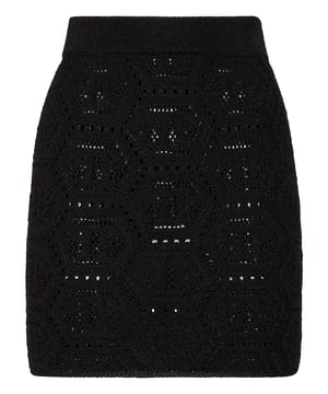 Uniqueness and style can be found also in a knit skirt. Check out this lurex model. Find out more.   Knit lurex yarn   Lace stitch-knit Monogram all over    Lined, elastic waistband   Rib knit hems   Fit: High Rise