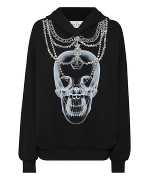 con cristales  Mire qué original es esta sudadera de algodón con capucha de estampados y aplicaciones.   Suave forro polar de algodón   Hexágono de PP en un parche de cuero saffiano cosido en la parte delantera izquierda   Pedrería montada y cadenas cosidas a la altura de los collares   Estampado de calavera con efecto de rayos X en la parte delantera   Dos bolsillos con aberturas   Puños y dobladillo inferior de punto elástico   Ajuste: Over