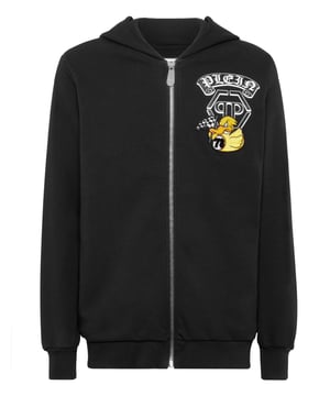 Discover the originality of this hoodie jacket made from a cotton-blend fleece, featuring padded inserts and details.   Soft cotton-blend fleece     Embroidered patch sewn at left chest    Pattern printed at back     Zip fastening   Two slit pockets     Logo patch sewn on the hood     Rib knit hems   Fit: Regular