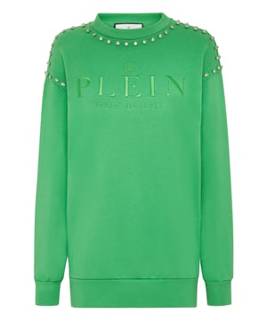 mit Schmucksteinen  Originalität und Stil finden sich auch in einem Jogging-Pullover mit Rundhalsausschnitt wieder. Schauen Sie sich diese Version aus Baumwoll-Fleece an, die mit... Mehr erfahren.   Weiches Baumwollvlies   Markendruck auf der Vorderseite   Montierter Strassstein an Ausschnitt und Schultern   Zwei Seitenschlitze   Rippstricksäume   Passform: Über