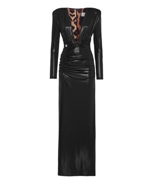 Mit diesem langärmeligen Lamé-Abendkleid verleihen Sie Ihrem Look einen Hauch von Sexy.   Hochglänzendes Stretch-Lamé   Tief ausgeschnittener Ausschnitt an der Taille   Drapierung   Gepolsterte Schultern   Offener Rücken   Unsichtbarer Reißverschluss in der hinteren Mitte   Hoher Seitenschlitz