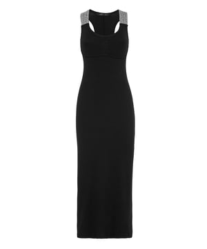 mit Schmucksteinen  Verbessern Sie Ihre Eleganz für besondere Anlässe und wählen Sie dieses Longuette-Kleid aus Rippstrick-Jersey. Sehen Sie sich die Details an.   Rippenstrick aus Stretch-Polyester-Jersey    Mit Kristallapplikationen verzierte Riemen   Einfacher Schlitz