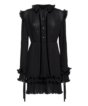 El chic simple con este vestido de manga larga de crepón de poliéster. Fíjese en el volante de ribete y en los tirantes de terciopelo para anudar alrededor del cuello y los puños, con botones metálicos.