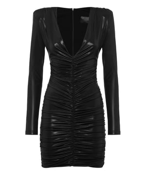 Dieses elegante Minikleid fängt mit seiner körpernahen Silhouette und seinem glänzenden Finish mühelos die Essenz moderner Raffinesse ein - perfekt, um bei jeder Veranstaltung ein Statement zu setzen.    Gefertigt aus hochwertigem Stretch-Stoff für eine makellose, figurbetonte Passform.   Gerüschte Details im gesamten Bereich sorgen für Struktur und betonen die Silhouette.   Lange Ärmel und ein tiefer V-Ausschnitt sorgen für Eleganz und Verführung.   Vielseitiges Design, geeignet für glamouröse Abende oder kühne Tagesmode.   Leichtes und atmungsaktives Material sorgt für Komfort ohne Kompromisse beim Stil.